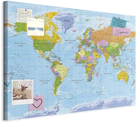 murando - Tableau à Épingles et Peinture sur Toile Combinés 120x80 cm - Avec Crochets Clous et Punaises Argentées - Panneau en Fibres pour Notes et Affichage - Carte du monde k-A-0094-v-a