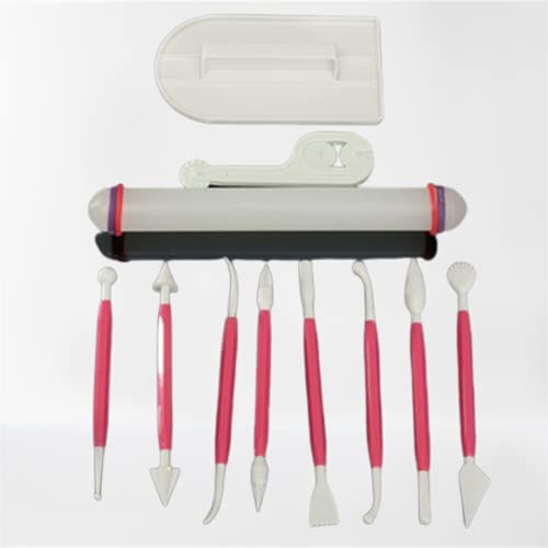 Wuluwala Marshmallow Fondant Cake Decorating Hand Tool 11Pcs Smoother Rolling Pin Trimmer Cutter Embosser Flower Scissor Modelling Accessories Supplies Kit (Pink)