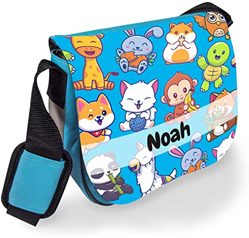 Kindergartentasche mit Namen für Mädchen und Jungen – Süße Umhängetasche für Kinder mit Namen personalisiert – Kindertasche als Geschenk zur Einschulung, Kita und Freizeit (Hellblau, Tiere)