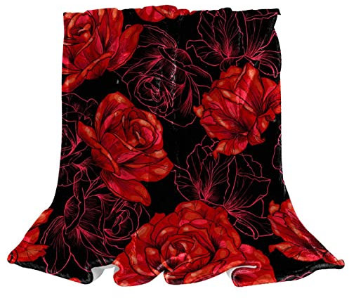 Fleece-Überwurfdecke für Couch, leicht, Plüsch, flauschig, rot, blühend, Rosen, Schwarz