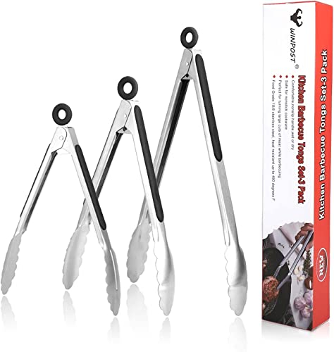 Set di pinze da Cucina per Barbecue Set di 3,18/8 (304) in Acciaio Inossidabile - 7,9,12 Pollici, Insalata e Grill Resistenti Che servono pinze da Cucina per Cucina