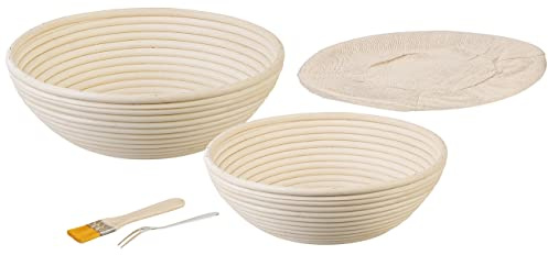 Rosenstein & Söhne Gärkörbchen: 2er-Set Gärkörbe, Ø 25 & 30 cm, Abdecktücher, Gabel, Reinigungspinsel (Brotform, Brotgärkorb, Topf)