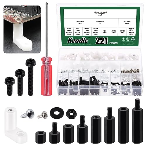 Keadic 221Pcs M3 PCB Motherboard Assorted Kit Contains Male Female Nylon Hex Spacer Standoff and L Shaped Circuit Board Insulated Mounting Feet with Screws for Gaming Console Fixing
