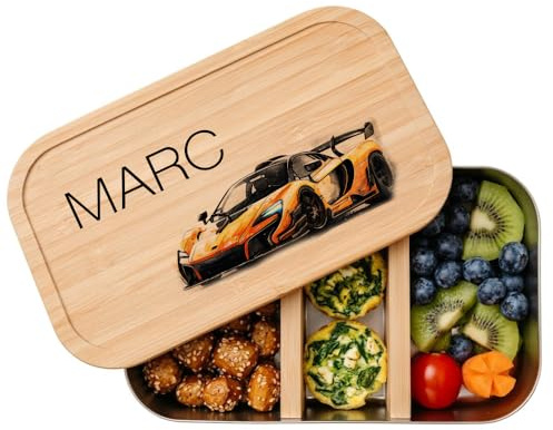 Manufaktur Liebevoll - Personalisierte Brotdose mit Fächern, Edelstahl Lunchbox mit Bambus Deckel u. Trenner, Nachhaltige Brotbüchse | Mädchen, Jungen (Motiv Rennauto, Edelstahl | M)