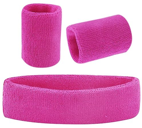 3-teiliges rosa Schweißbänder-Set mit Sport-Stirnband-Armbändern, Mädchen, weiche, verdickte Frottee-Baumwolle, Stirnband-Set, Sport-Schweißbänder für Kinder (1 Stirnband und 2 Armbänder)