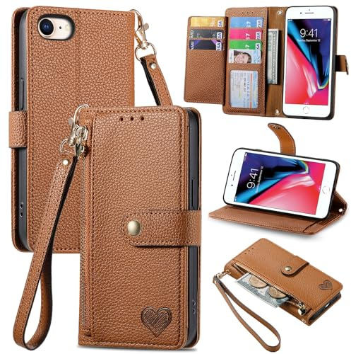 VEEMOS Zipper Wallet Case for Apple iPhone SE 2020 / SE 2022 5G / iPhone 7 / iPhone 8 Phone Case with Purse Card Holders RFID Blocking Leather Flip Case Book Cover Wrist Strap Women - Brown