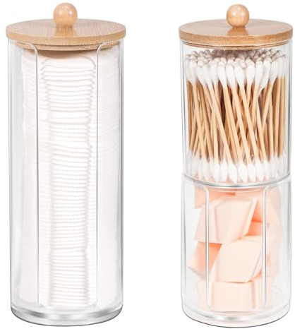Annhua 3 Pcs Cotton Pad Holder, Cotton Bud Holder Set with Bamboo Lids, Rond Acrylic Bathroom Storage Jars for Cotton Ball| Cotton Swab| Hair Ties| Floss, Transparent