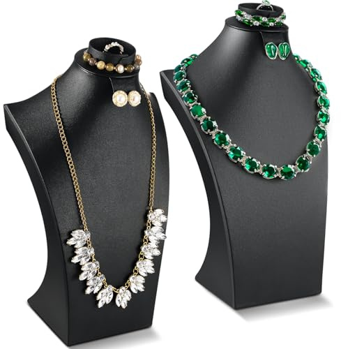 Wenqik 2 Pcs Black PU Leather Necklace Display Stand 12 Inch Necklace show Bust with Bracelet Earring Ring Jewelry Display Set