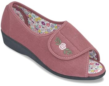 Jo & Joe Ladies Embroidered Open Toe Slipper Molly Extra Wide Fit with Touch Fastening Pink 5