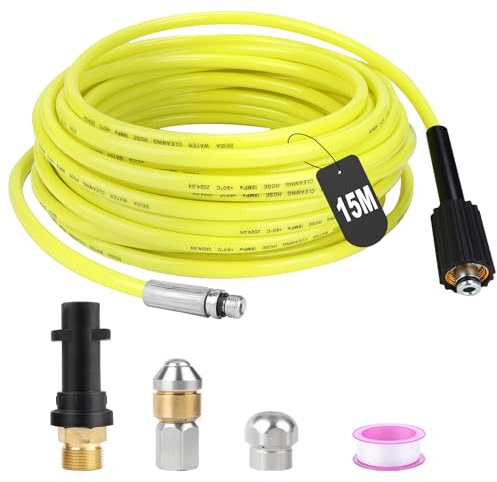 SWAWIS Rör rengöringsslang 15 m 180 bar 60 °C rörrengöringsset dräneringsslang med munstycken styv + roterande, adapter för Kärcher K2-K7 högtryckstvätt, gul