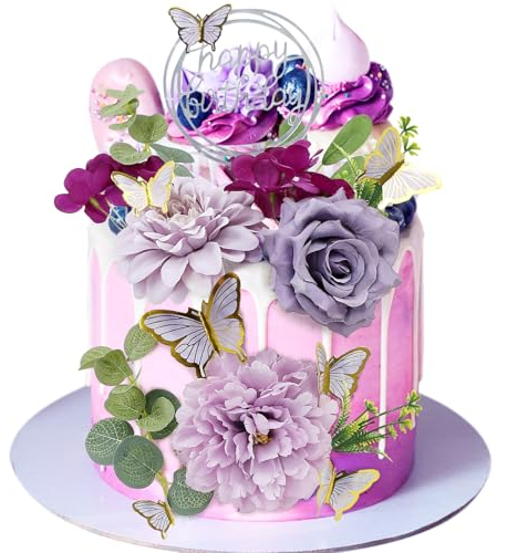 LACGO 21PCS Purple Flowers Cake Toppers, Butterfly Flowers Cake Decoration, Happy Birthday Cake Decorations with Artificial Floral Eucalyptus for Birthday Party Wedding Baby Shower
