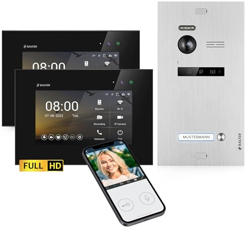 Balter EVO-HD Video Türsprechanlage, Video Türklingel, Smartphone App, 1 Familienhaus Klingel, 2X 7 Zoll HD-Monitore, Full HD-Kamera, 2 Draht Bus, Gegensprechanlage mit 175° Weitwinkel