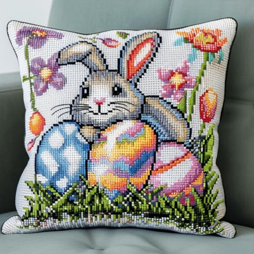 RKFLGEW Haken-Knüpfset，Kissen-Bastelset Mit Häschen Und Ostereiern，Cartoon-Tiere，Nähsets Für Kissenbezüge，Diy-Sets Zum Häkeln Und Sticken，Sets Zum Basteln Von Kissenbezügen 43x43cm