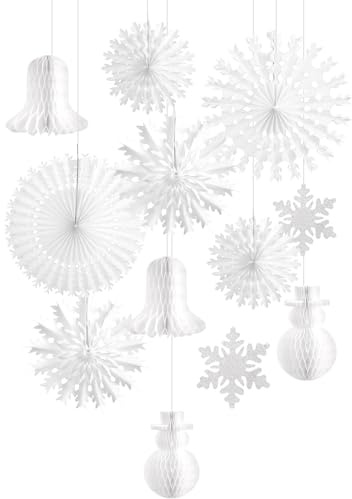 EASY JOY 13 Stück Weihnachtsdeko Weiß Winterdeko Pom Poms | Schneeflocke Weihnachtsbaum Weihnachtsmann für Weihnachten Silvester Kommunion Winter Hochzeitsdeko