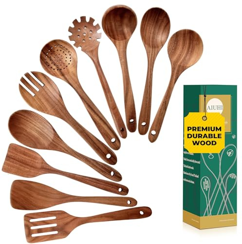 AIUHI Wooden Kitchen Utensils Set, No Scratch Wood Spatula and Spoon Set, Teak Wood Cooking Utensils Set for Kitchen Essential Tools 10 Pieces