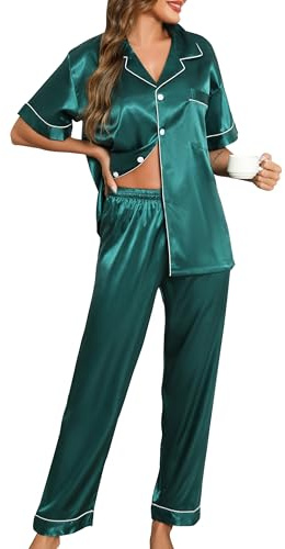 Lovasy Pyjama Satin Femme Short Ensemble Pyjamas Manches Courtes Chemises de Nuit Sexy Chic Ete 2 Pièces Vêtements de Nuit en Soie Boutonnée, Y-Vert foncé XL