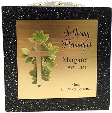 1stclassgifts Personalised Printed White or Black Stone Effect Memorial Rose Bowl Grave Marker Flower Pot Vase With Cross Design (UV PRINTED) (Black, Gold Lid/Gold Plate)