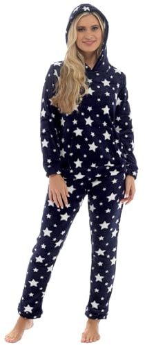 Slumber Hut® Pigiama da donna in pile con motivo a stelle, lussuoso, con cappuccio o girocollo, pigiama invernale caldo da donna, taglie dalla 40 alla 54, Stampa stelle (con cappuccio) - Navy, 8-10