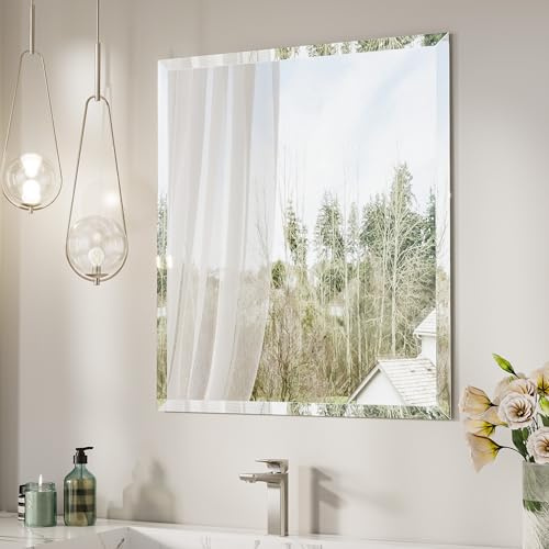 Keonjinn 24 x 30 Inch Beveled Bathroom Mirror, Rectangle Bathroom Mirrors for Over Sink, Shatterproof Wall Mirror, Modern Decorative for Living Room, Entryway, Bedroom, Horizontal/Vertical