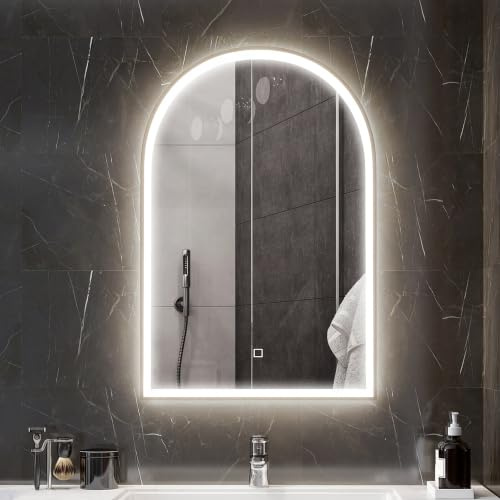 HOMCOM Miroir Salle de Bain avec Éclairage LED 90 x 60 cm Anti-Buée Doré | Miroir Mural Arqué, Lumière Réglable 3 Couleurs, Mémoire, Interrupteur Tactile, Cadre en Aluminium