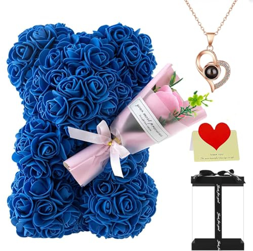 Orsetto di rose con bouquet e scatola regalo, 25 cm, teddy floreale romantico per anniversario, Natale, matrimonio e compleanno (blu royal)
