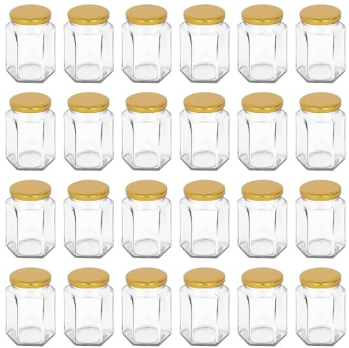 Argon Tableware 250ml Hexagonal Glass Jam Jars with Gold Lids - 24x Empty Screw Top Kitchen Food Honey Spice Chutney Preserving Canning Storage Jar Container Glasses Set