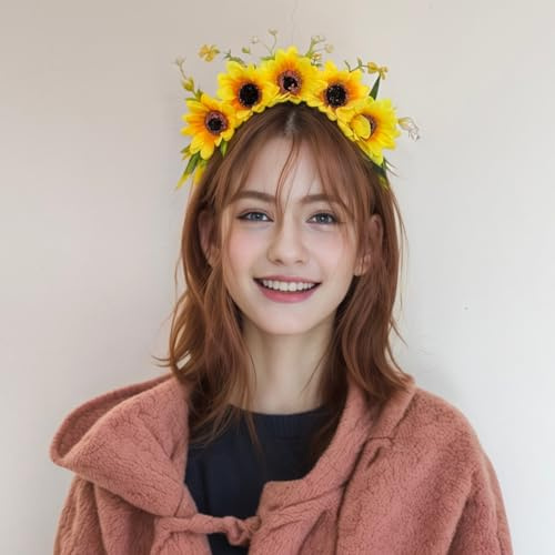 inkihuit Haarreif Blumen Blumenkranz Haare Sonnenblumen Haarband, Braut Trachten Haarschmuck Blumenstirnband Damen Mädchen Haarkranz Kopfschmuck mit Blüten für Karneval Fasching Hochzeit Zubehör