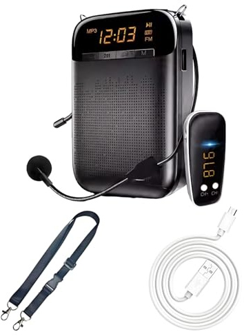 S588 - Amplificador de micrófono para aula, inalámbrico y con cable, batería de 5.0, 12 horas, cobertura de 1000 pies cuadrados, negro/dorado