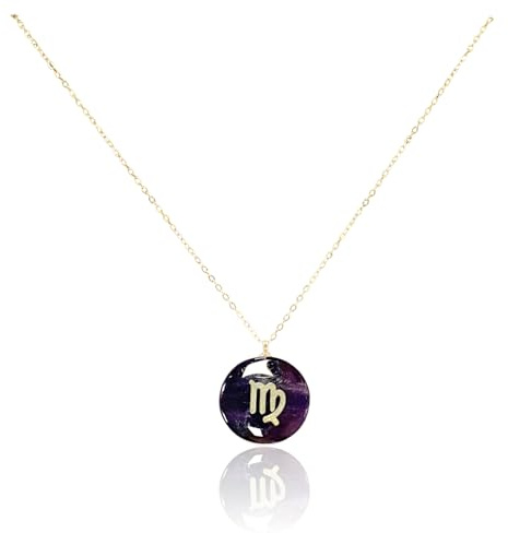 Luna Roy Hearts & Minds Collana Zodiacale, placcata in oro 18 carati, ciondolo in pietra ametista o quarzo rosa e segno zodiacale, Talla única, ajustable, Oro Oro Ametista Quarzo rosa, Ametista Quarzo