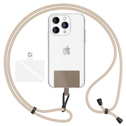 NALIA Universal Handykette für alle Smartphones, Weiß Beige | Matt-Schwarz Metall, Klebefreie Montage, Reißfestes Nylon-Gewebe, Klarer und farbiger Einleger