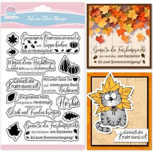 GLOBLELAND Deutscher Herbstgrüße Text Transparente Silikonstempel Herbst Kürbis Segen Klare Stamps Ahornblätter Silikonstempel Für Kartengestaltung DIY Prägung Journaling Erntedankfest