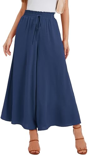 WUWUSKY Women's Elasticated High Waist Palazzo Trousers - Lightweight Flowy Summer Pants for Lounge & Casual Wear,Dark Blue,XXL