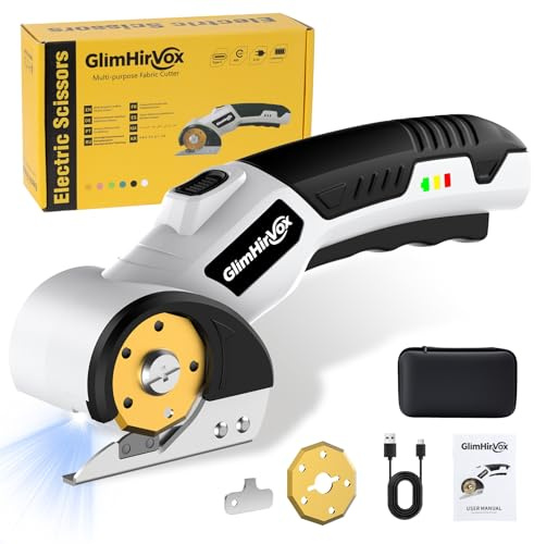 GlimHirVox Electric Box Cutter for Cardboard, 4.2V Cordless Electric Scissors up to 1/4”, Cordless Cardboard Cutter with 2 Titanium Blades, with Safety Lock & LED, for Fabric, Leather, Plastic, Carpet