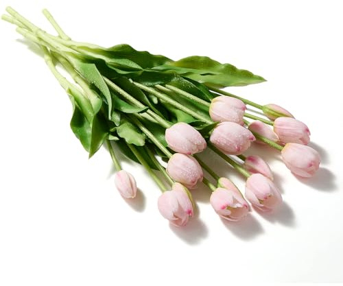 Pmyra 15Pcs Fake Tulips Artificial Flowers Real Touch Latex Bouquet Faux Tulips for Centerpiece Arrangements Wedding Party Home Décor (Light Pink)