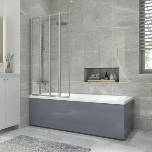 NRG 1700x700mm Bathroom Acrylic Straight Bath Bathtub + Chrome 4 Panel Folding Bath Screen with Grey Front & End Panel