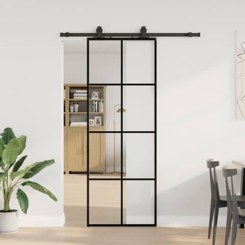 Hoodmeel Schiebetür Komplettset mit tür Glasschiebetür Schiebetüren Wandmontage Schiebetürsystem Zimmertüren -Schwarz-76 x 205 cm (152.5 cm Sliding Rail)