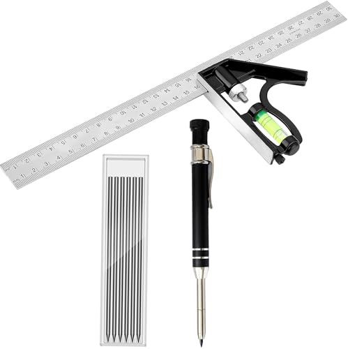 2-piece woodworking set, combining a 12-inch/300mm square ruler, a 45/90 degree ruler, and a level; automatic deep-hole pencil with 6 replacement leads; for construction and carpentry work.