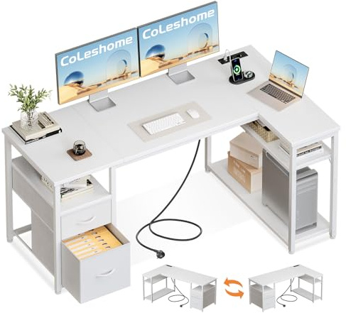 Coleshome Gaming Eckschreibtisch mit 2 Schubladen, 140×80 cm, Weiß