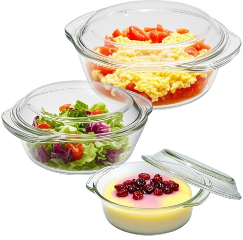 Set di 3 pirofile, rotonde in vetro con coperchio, resistenti al forno, 0,7 l, 1,5 l, 2 l, in vetro resistente al calore, per carne, lasagne, forno