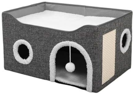 ZoraYorce Foldable Cat Beds for Indoor Cats,Cat Cave House with Scratching Board,41x41x35cm,Hideaway for Pet Large Kitty,Durable,And Easy to Assemble