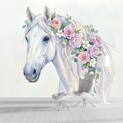 Tapete 3D Fototapete Weißes Pferd mit Blumenkranz 250x175cm Seide Wandbild Fototapeten, Aquarelltiere Tapeten Wandtapete Schlafzimmer, Wohnzimmer, Kinder Kindertapete