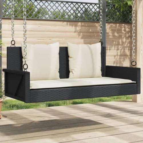 TUERYAFEK Schaukelbank Polyrattan Schwarz mit Kissen, 119 x 56 x 48 cm, Hängesitz mit Schaukelfunktion und Befestigungsringen, pulverbeschichteter Stahlrahmen, Garten Schaukelbank
