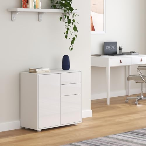[en.casa] Comò con 2 Ante e 2 Cassetti Credenza con Scomparti Vani Chiusi Mobile Contenitore Multiuso per Camera da Letto Soggiorno 74x79x36 cm - Bianco Lucido