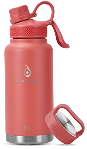 IDEUS Vacuum Insulated Water Bottle, Stainless Steel Double Wall Flask Metal Sports Canteen with Leak-Proof Screw Cap (32oz (950ml), Red)
