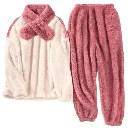 Tuopuda Pigiama Donna Invernale Pigiami Due Pezzi, Pigiama Pile da Casa con Sciarpe Tasche Felpa Manica Lunga e Pantalone Lungo, Indumenti da Notte Sleepwear, Rosa, L