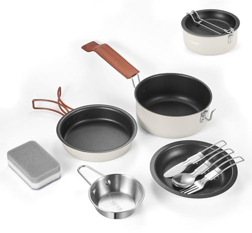 Odoland Set da 10 pentole da campeggio, leggero, con piatto, ciotola, forchette, coltelli, cucchiai, perfetto per escursioni, campeggio, escursioni e picnic, colore: bianco