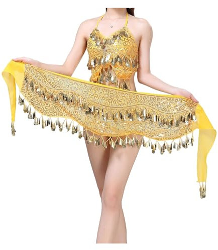 HWJFDC Bauchtanz Hüfttuch Dame Frauen Bauchtanz Hüfttuch Hüftgurt Rock mit Bauchtanz Münzen Taille Kette Wrap Dance Zubehör(Gold)