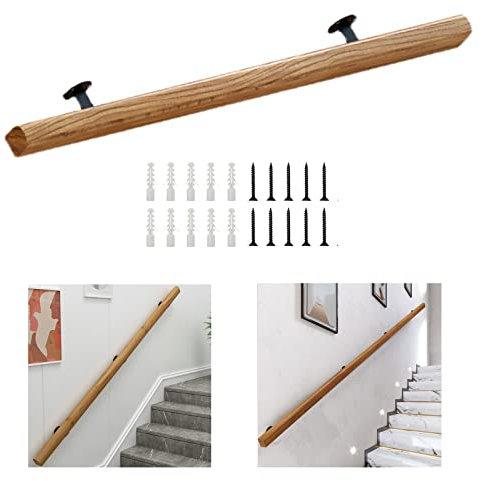 Wooden Stair Handrail Kit with Metal Bracket, Wall Mount Banister for Staircase Safety Non Slip and Space Saving Design Ideal for Attic, Kindergarten, Corridor 180cm Size