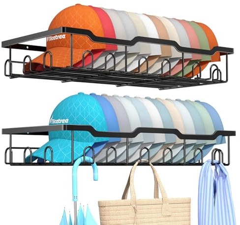Nicetree Hat Racks for Baseball Caps Wall - Metal Hat Organizer for 48 Baseball Caps Holder, 2 Pack Hat Storage Organizer for Closet, Bedroom, Living Room Black