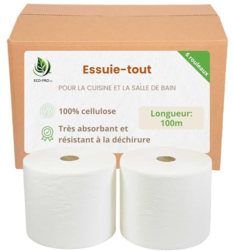 ECO - PRO PAP papiers essuie tout 100% cellulose FSC, rouleaux absorbants et résistants, sans plastique, avec noyau en carton - pour cuisine, salle de bain et bureau, Lot de 6, 100 m